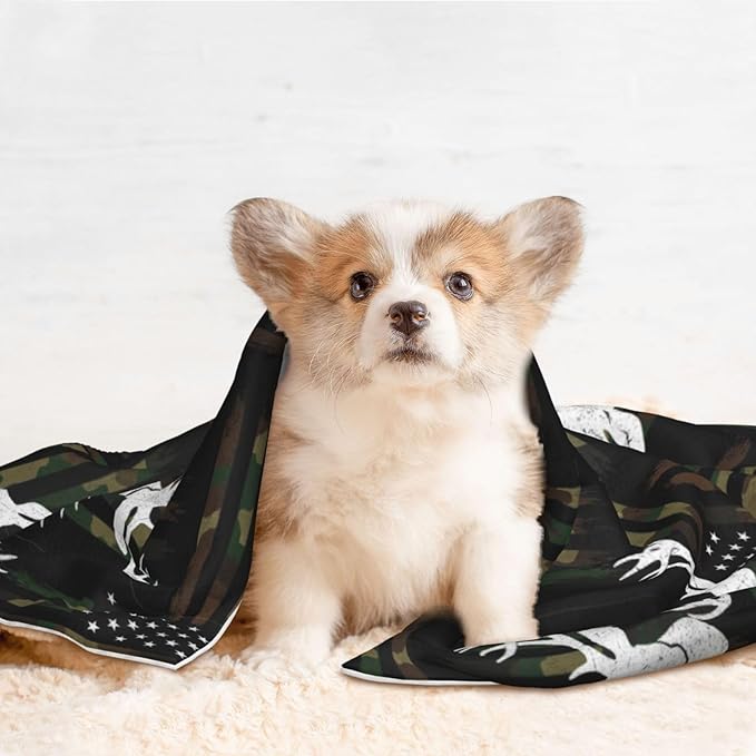 Double Sided Plush Pet Blanket with Cozy Dot Texture and Smooth Reverse, Deer Camo Camouflage American Flag Hunting Black, Reversible Throw for Dogs Cats on Couches Beds Crates