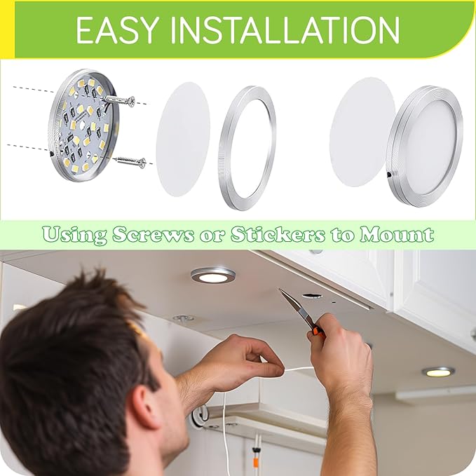 Plugged in Under Cabinet Round Puck Lighting Kit, 110V Electric Wired LED Closet Bookcase Lights, Remote Control Dimmable, 3-Way Octopus Junction Box Wiring, 3 Lights, Cool White