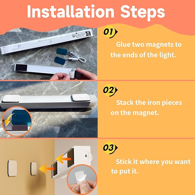 6 Pack Under Cabinet Light,Motion Sensor LED Lights with Magnetic 8 inch，Rechargeable Indoor Wireless Closet Lights for,Kitchen,Stairs Cabinet