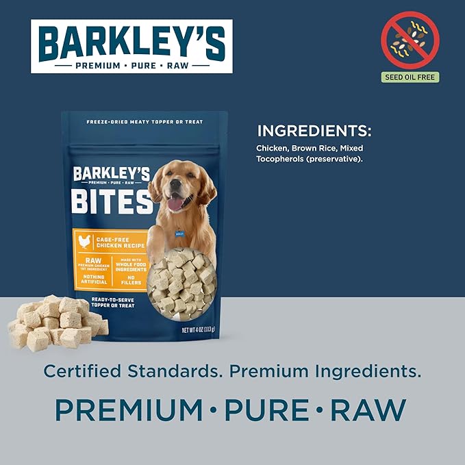 Barkley’s Bag Chicken Bites, Freeze Dried Dog Treats & Food Topper, Made with Chicken and Brown Rice, Small Bite-Sized Pieces for Training Rewards, for All Dog Breeds, Ages & Sizes, 4 Oz Bag (6 Pack)