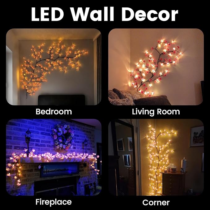 LED Tree Branch Lights for Wall 3.94 FT 48LEDs Cherry Blossom Lights with Remote and 8 Lighting Modes Cherry Blossom Garland Willow Vine Light for Bedroom Indoor Wall Wedding Christmas Decor