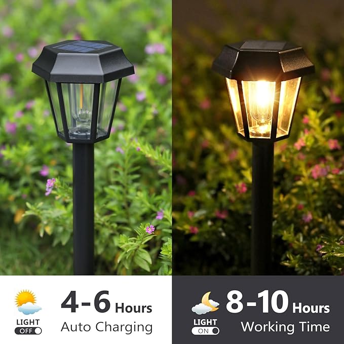 Solar Lights Outdoor 8 Pack Pathway Lights Waterproof with 3000K Vintage Tungsten Filament Light Bulbs for Yard Garden Walkway Driveway Landscape Path