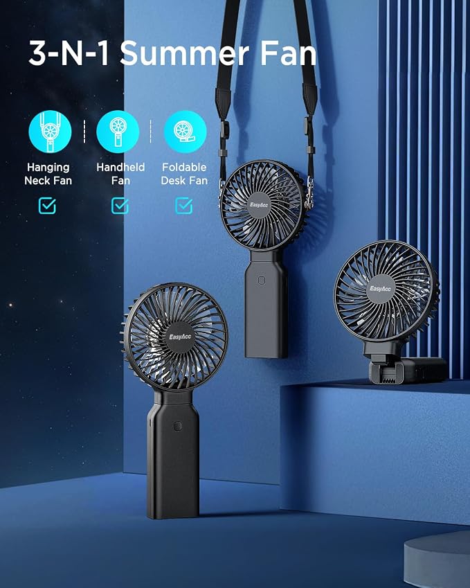 EasyAcc Portable Handheld Fan, 9000mAh + 53H Cooling Time+ ODM Durrable + with Hands-Free Camera Strap + Backup Power + 4 Speeds, Rechargeable Handheld Fan for Travel Outdoor