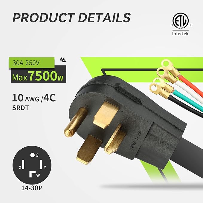 RVMATE 4 Prong SRDT Dryer Cord 5 Feet, 30 Amp Appliance Power Cord (NEMA 14-30P to 4-Wire), 4 Wires with O Ring Terminal Connectors, 100% Copper Wire, ETL Listed