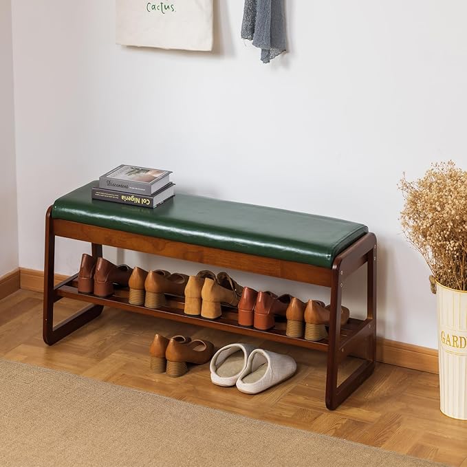 latifolia Solid Wood Bench, Entryway Shoe Bench with Cushion, Flip-Open Storage Compartment, 2-Tier Shoe Organizer(Green,39.70''L)