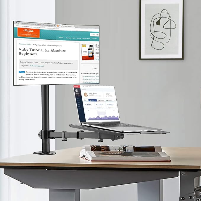 suptek Monitor and Laptop Mount Holds 13-32 inch Computer Screen, Adjustable Monitor Arm Stand with Laptop Tray for 13-27 inch, Hold 22 lbs, with Clamp and Grommet Mounting Base