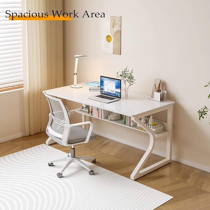 OSCHF 47.3-Inch Writing Desk with Storage Shelf, Warm White | Space-saving, Single-Person Workstation, Modern Study Gaming Computer Desk, Suitable for Home Office, Bedroom and Dorms