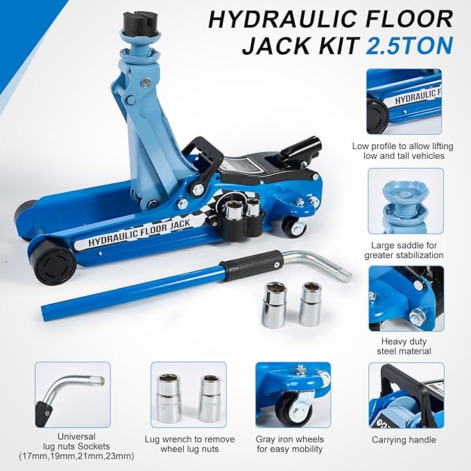 Floor Jack Kit 2.5 Ton (5,500 lbs) | Car Jack - Hydraulic Low Profile Trolley Jack - Tire Tool for SUV and Auto with Lug Wrench Blue