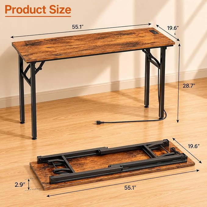 Folding Table Computer Desk - 55.1" No Assembly Folding Desk with Power Outlets & USB Charging Port, Small Desk, Foldable Office Desk, Compact Storage Portable Use for Small Space, Rustic Brown