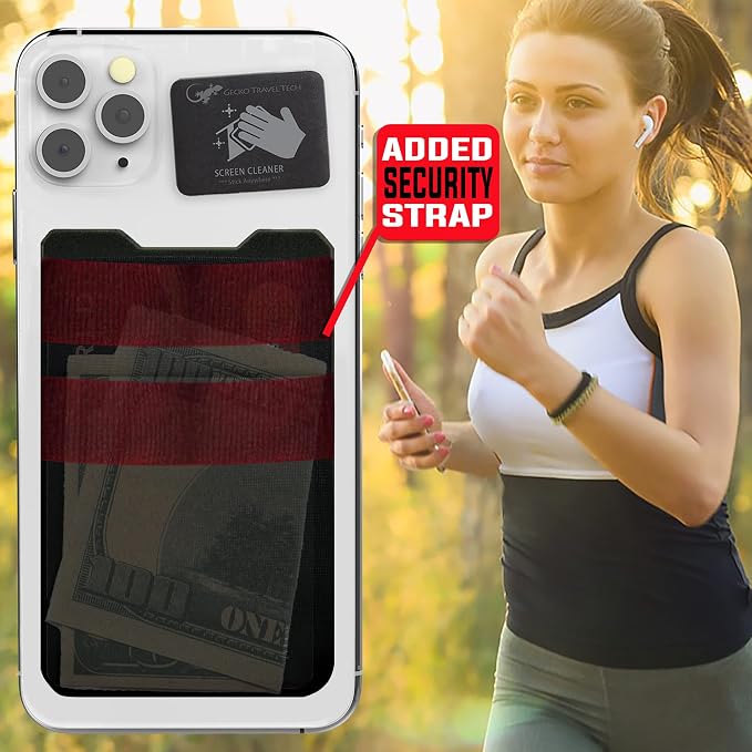 Phone Wallet Double Pocket Gecko - Adhesive Card Holder - Cell Phone Pouch - Stick on Spandex Pocket by Gecko - Carry Credit Cards and Cash (BLACK-BLANK-)