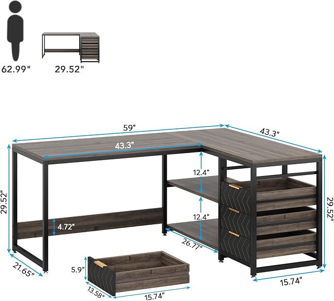 Tribesigns L Shaped Computer Desk with Storage Drawers, 59 inch Corner Desk with Shelves, Reversible L-Shaped Office Desk Writing Table Workstation for Home Office, Grey