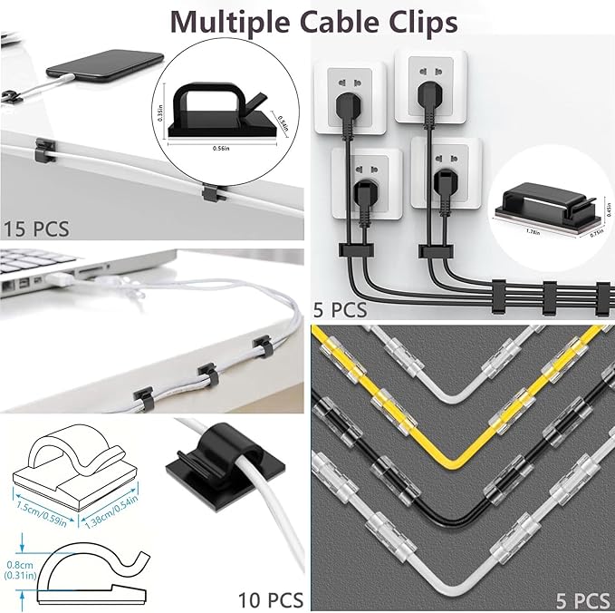 ELII 327 PCS Cable Management Kit 4 Cable Cable Sleeves,65 Cable Clips with 13Cord Holders,25 Roll Cable Organizer Straps,200 Fastening Cable Ties,20 Cable Zip Tie Mounts for Computer (Black)