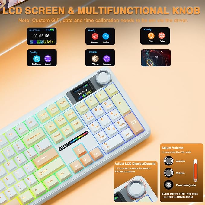 AULA F108 PRO - Wireless Mechanical Keyboard with Screen&Knob,Hot Swappable Gaming Keyboard with 8000mAh Battery,Pre-lubed Switches,RGB Backlit,PBT Keycaps Creamy Sounding Computer Keyboards,104 Keys