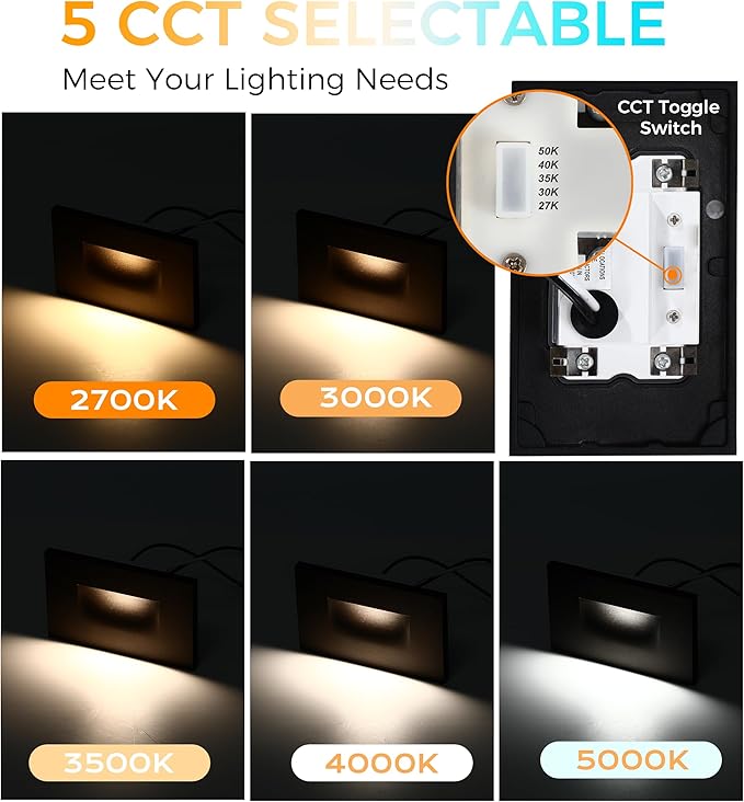 CLOUDY BAY 120V Dimmbale 5 Color LED Indoor Outdoor Step Light,2700K/3000K/3500K/4000K/5000K 3W 50lm,Stair Light,Black,12 Pack