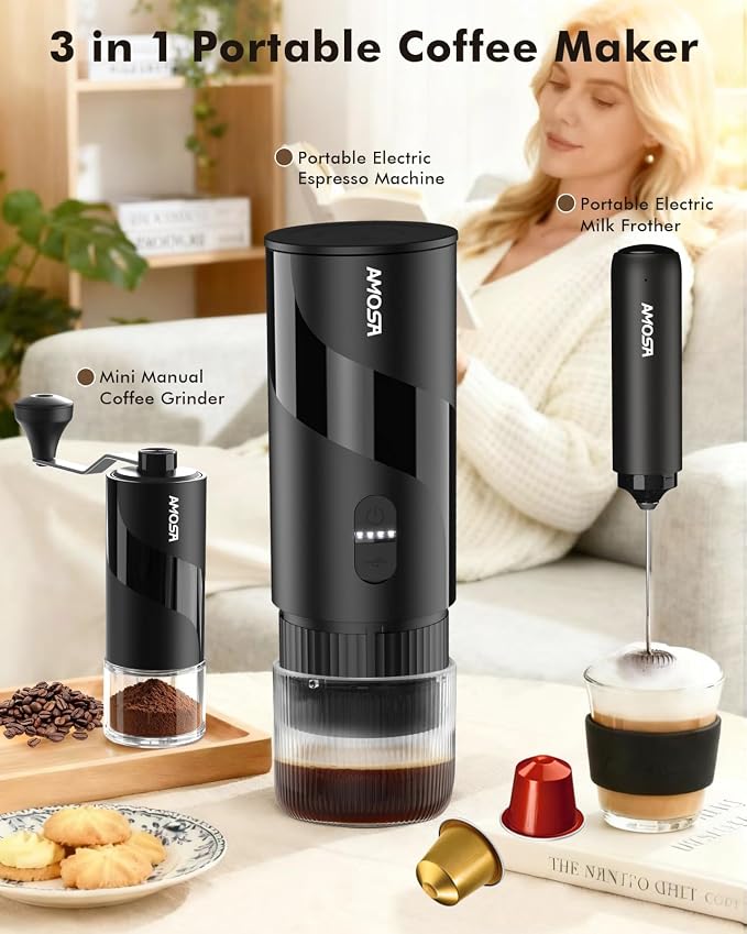 All in 1 Portable Electric Espresso Machine & Coffee Grinder & Milk Frother | Mini Compact Travel Coffee Maker Set for Ground Coffee & NS Capsules，Ideal for Camping, Car, RV, Hiking, Office, Home, Gift