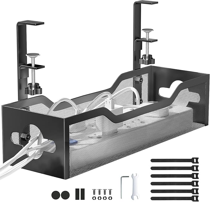 Under Desk Cable Management Tray No Drill, Metal Mesh Cable Management Under Desk with Clamp Mount, 2 Hole Cable Tray with Wire Management and Cord Organizer for Home Office Standing Desk
