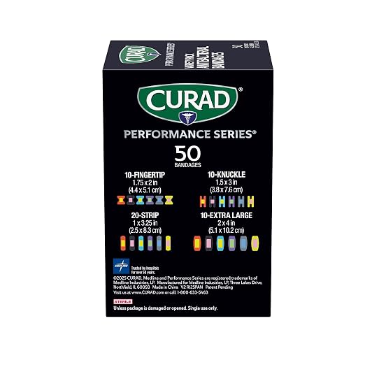 CURAD Performance Series Antibacterial Bandages, Extreme Hold Adhesive Technology, Finger & Knuckle Bandages, Flexible Fabric, Variety Pack with Assorted Sizes & Colors, 50 Count