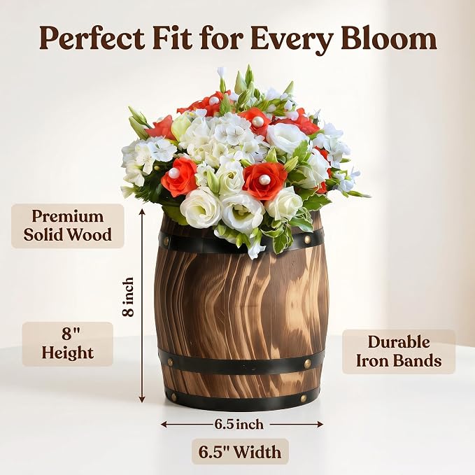 2Pcs Ippoulas Wooden Wine Barrel Planters 8" x 6.5" - Set of Rustic Wood Vases for Flowers, Centerpieces Decor | Wine Barrel Wedding, Party, Home Decoration