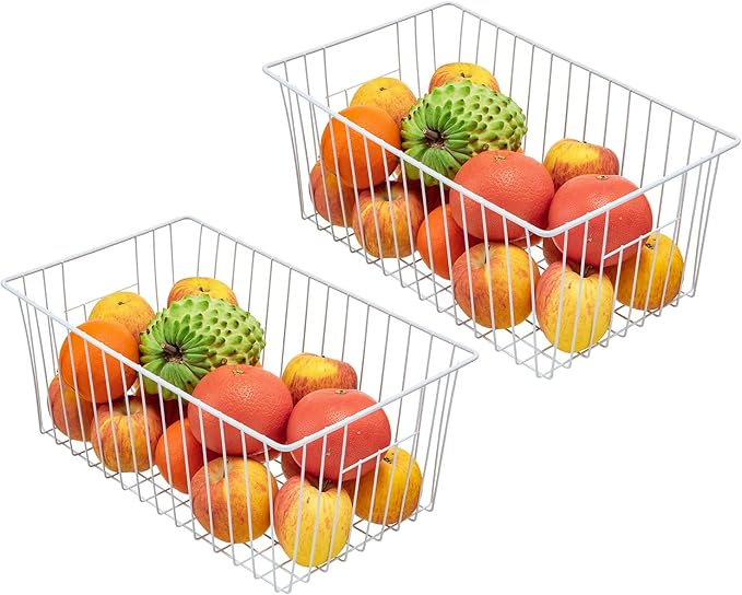 16inch Farmhouse Freezer Wire Baskets Organizer Storage Bins Large Organizer Baskets with Handles for Storage, Office, Kitchen, Pantry, Cabinet, Closets - Set of 6 (White 6)