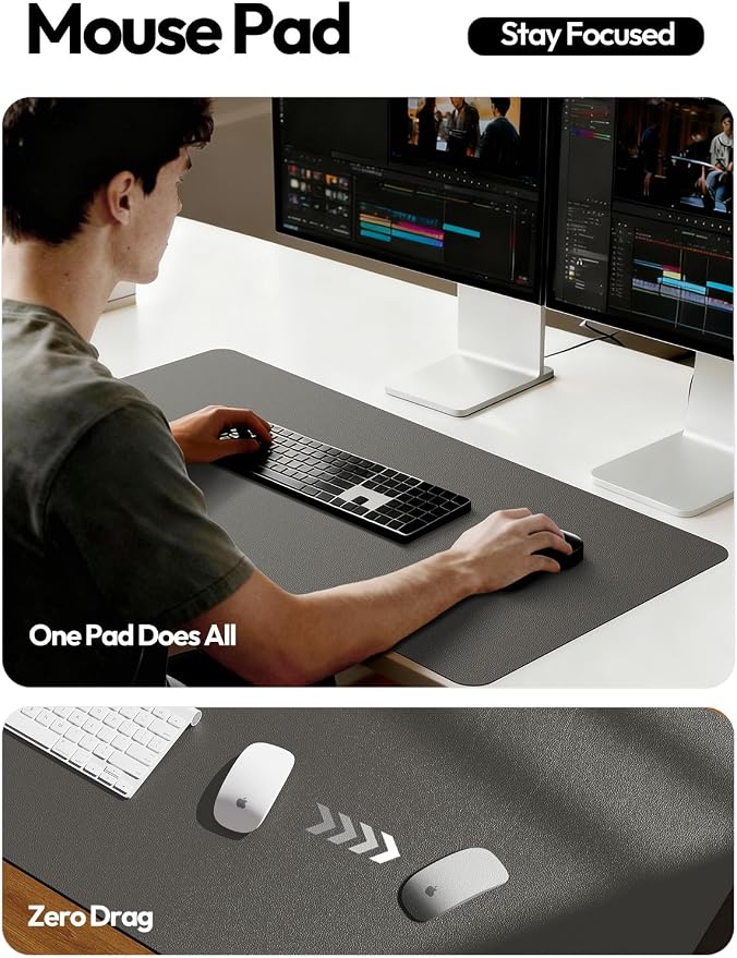 YSAGi Desk Protector&Blotter, Non-Slip Waterproof Leather Mouse Pad | Shields Scratches, Stains, Spills, Heat & Scuffs; Suede Non-Slip; Easy-Clean; Comfy Writing/Typing, 31.5" x 15.8",Dark Grey