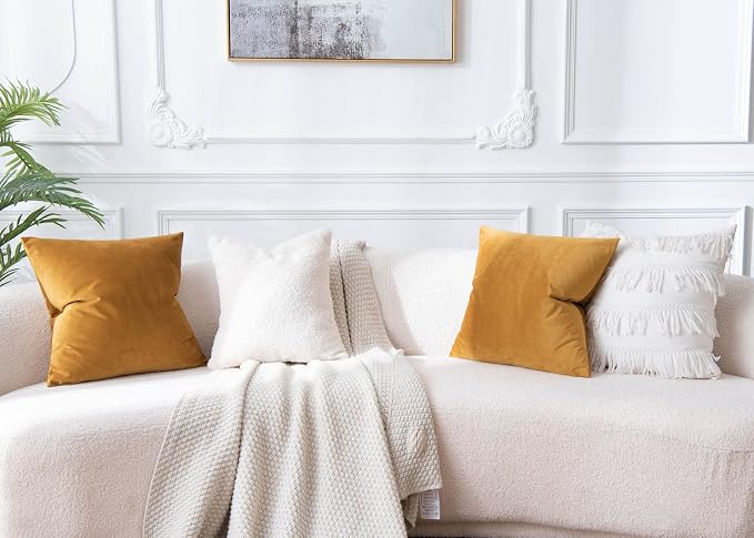 20x20 Decorative Velvet Throw Pillow Covers Set of 2,Mustard Yellow | Soft Cushion Cases with Invisible Zipper for Modern Couch Sofa Bed Living Room Bedroom Home Decor