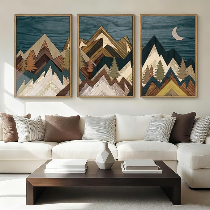 BINCUE Framed Mountain Wall Art Landscape Wall Decor Moon and Nature Artwork for Bedroom Living Room Office 16x24 Inches Set of 3