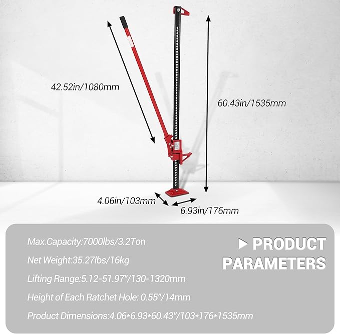 GarveeTech 60" Farm Jack, 3 Ton Capacity Ratcheting Off Road, Utility Heavy-Duty F-arm J-ack for Tractor, Truck, SUV, Lift Height 5.12-52 inches