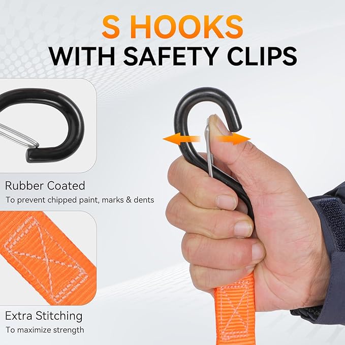 4 Pack Ratchet Straps Tie Downs Heavy Duty 1500 LBS Break Strength, Orange Tie Down Straps with S Hooks and Safety Clips, 4 Bungee Cords, Storage Bag for Motorcycle, Truck, Cargo, UTV, Trailer