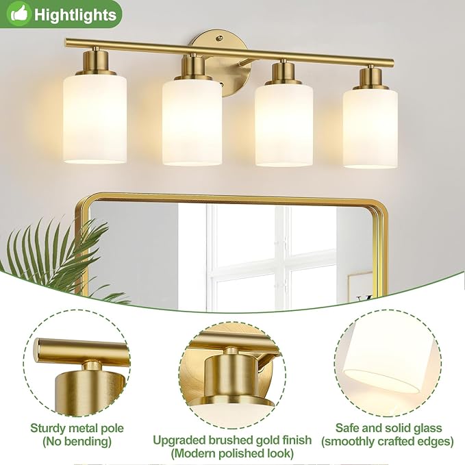 4-Light Bathroom Light Fixtures, Brushed Gold Modern Vanity Lights with Milky White Frosted Glass Shades, Bathroom Wall Lamp for Mirror Kitchen Living Room