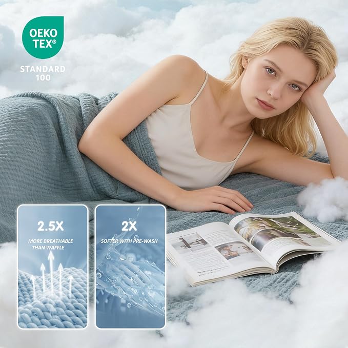 EMME Cotton Muslin Queen Blanket Bed Layering Bedspread Coverlet Breathable Gauze Soft Lightweight (Heather Teal, 90"x90")
