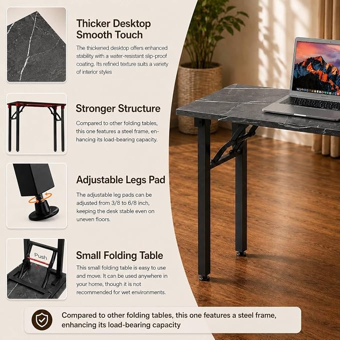 Folding Table Computer Desk - 43.3" No Assembly Folding Desk Design and Foldable Office Desk, Small Desk for Bedroom, Compact Storage Portable Use for Dorm and RV Small Space, Marble Greige