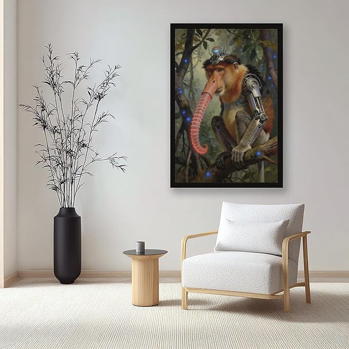 Framed Steampunk Mechanical Proboscis Monkey Wall Art - Jungle Neon Retro Poster for Apartment Leisure Area Decor 08x12in