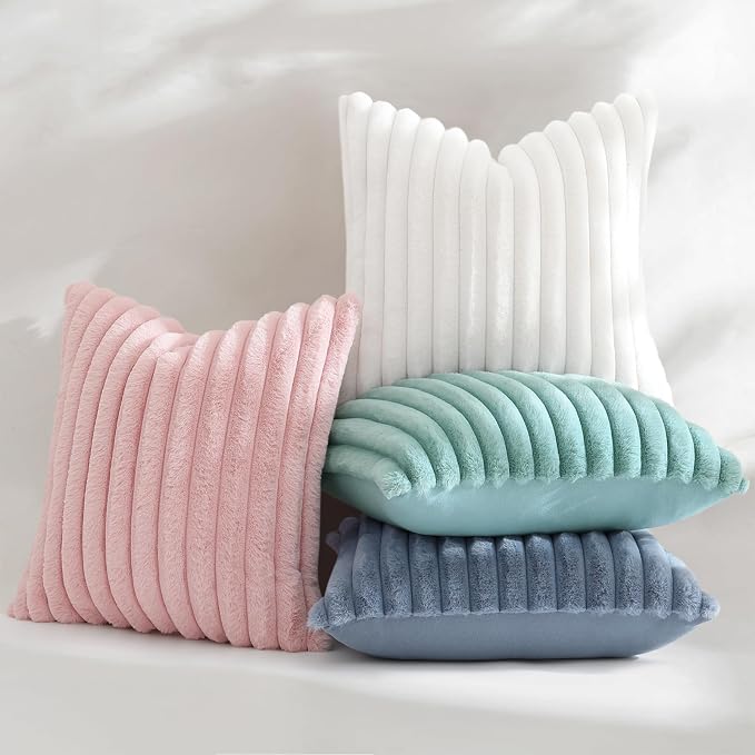 decorUhome Fall Faux Fur Throw Pillow Covers 18x18 Set of 2 White | Decorative Soft Cozy Striped Plush Modern Farmhouse Boho Couch Pillow Cases Velvet Back for Sofa Bed Living Room Home Decor