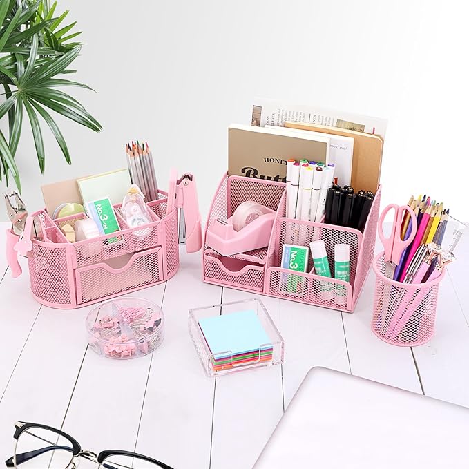 17 in 1 Pink Desk Organizers and Accessories Set, 3 Office Desk Supplies Storage Organization, 4 Pens, Stapler, Staples & Remover, Tape & Dispenser, Scissors, Ruler, Clips, Hole Punch, Back to School