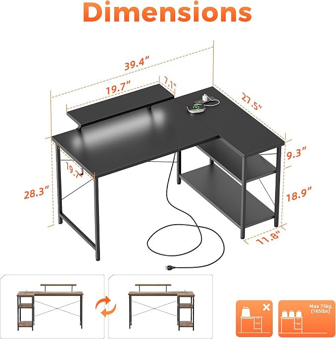 Mericonia 40 in Corner Desk with Monitor Stand, Small L Shaped Gaming Desk | Reversible Computer Desk with Power Outlets, LED Light & Storage Shelves, Office Table for Home Bedroom Study Work Writing