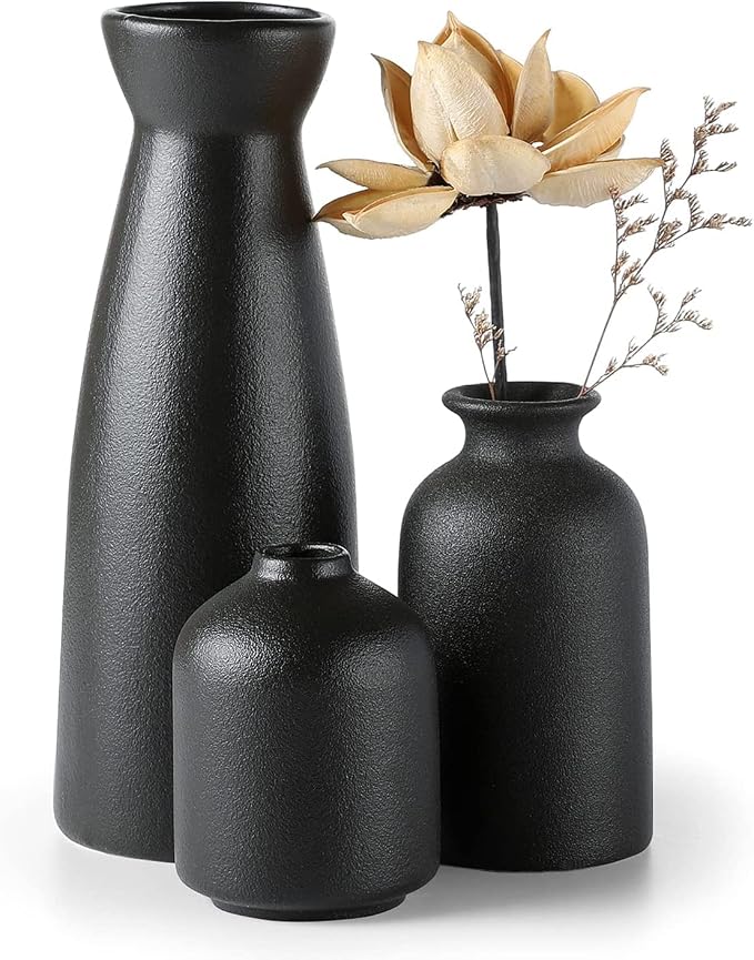 CEMABT Black Ceramic vase Set-3 Small Flower vases for Decor,Modern Boho Farmhouse Home Decor,Decorative vase for Pampas Grass&Dried Flowers,idea Shelf,Table,Bookshelf ，Entryway- Distressed