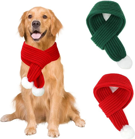 BWOGUE 2-Piece Knitted Dog Christmas Scarf & Bandana with White Pom Pom for Medium/Large Dogs - Winter Warm Holiday Pet Costume Accessory (Red, Green)