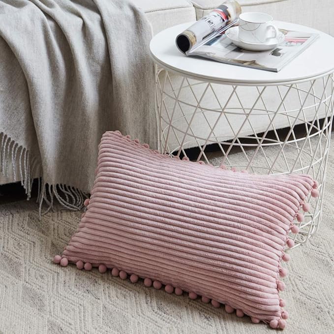Fancy Homi Pack of 2 Boho Rectangle Decorative Throw Pillow Covers with Pom-poms, Soft Corduroy Accent Solid Cushion Case Set for Couch Sofa Bedroom Car Living Room (12x20 Inch/30x50 cm, Blush Pink)
