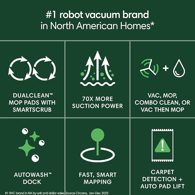 iRobot Roomba Plus 405 (G185) Combo Robot Vacuum & Mop with AutoWash Dock - Spinning Mop Pads, Self-Empties, Pad Washing & Drying, Self-Cleaning, Pad-Lift, LiDAR Navigation | 70x Suction, Dualclean Spinning Mop Pads with Smartscrub, Autowash Dock Auto-...