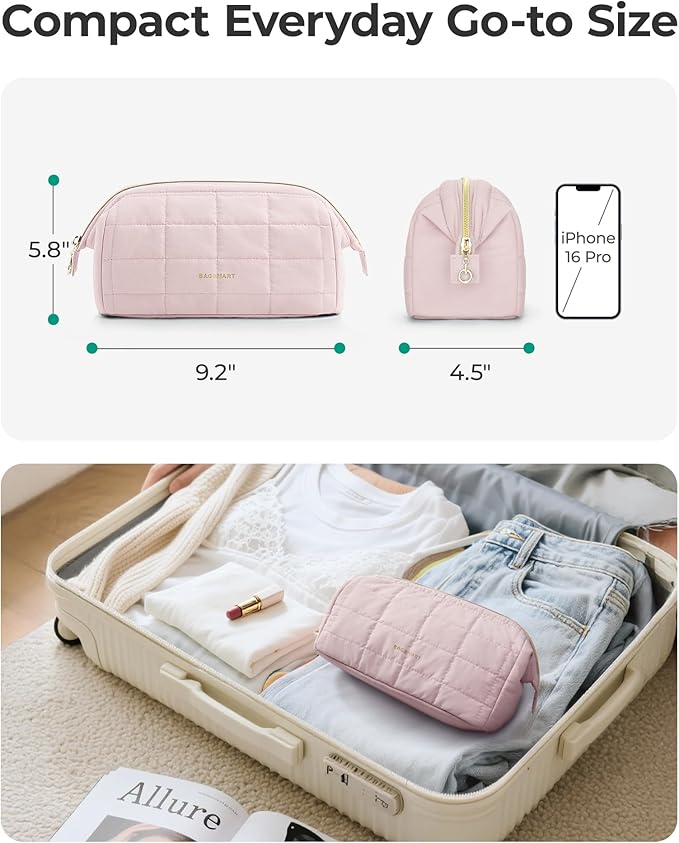 BAGSMART Makeup Bag Travel Toiletry Bag, Zipper Pouch, Checkered Khaki | Wide-open, Puffy Padded, Travel Essentials, Make Up Bag, For Women, Makeup Organizer, Toiletries Accessories Brushes