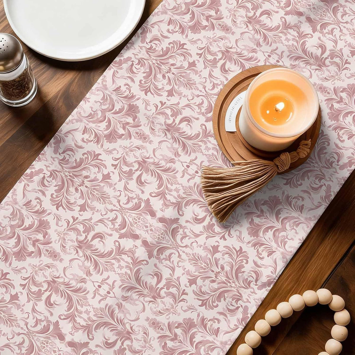 Pink Baroque Table Runner 70 Inches Long, Kitchen Dining Table Decoration, Farmhouse Scroll Floral Damask Patterned Coffee Tablerunner Dress Scarves Farmhouse Décor for Party, Holiday, 13 x 70