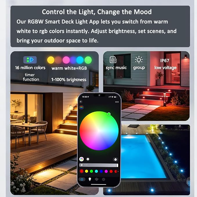 LED Deck Light Kit, 30pcs Φ1.77 WiFi Wireless Smart Phone Control Low Voltage Recessed RGBW Deck Lights with Remote, Voice Control, IP67 Waterproof Outdoor Path Stair Landscape Lighting, Black