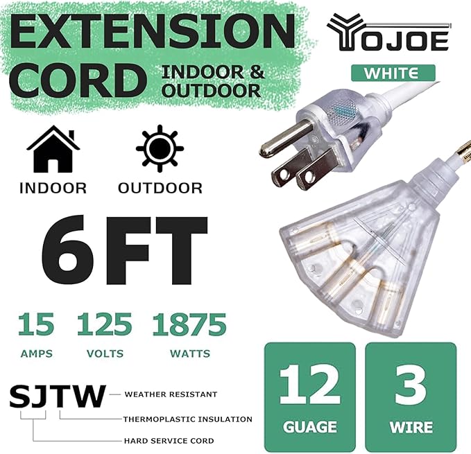YOJOE 3-Outlets Indoor Outdoor Extension Cord with Lighted End, 3 Prong 15A Weatherproof Power Cord, 12 Gauge Heavy Duty 6 ft White Extension Cord Multiple Outlets, 12/3 SJTW UL Listed