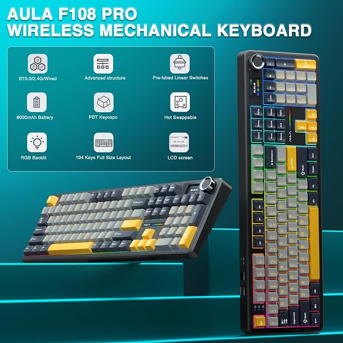 AULA F108 PRO - Wireless Mechanical Keyboard with Screen&Knob,Hot Swappable Gaming Keyboard with 8000mAh Battery,Pre-lubed Switches,RGB Backlit,PBT Keycaps Creamy Sounding Computer Keyboards,104 Keys