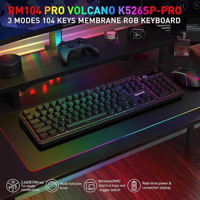 Redragon K526 PRO Wireless RGB Membrane Gaming Keyboard, LED Screen & Knob | See Battery, Mode & Time at a Glance, 0-Delay Tri-Mode, One-Touch Backlit & Media Adjust, 26-Key Anti-Ghost for Combo-Strike