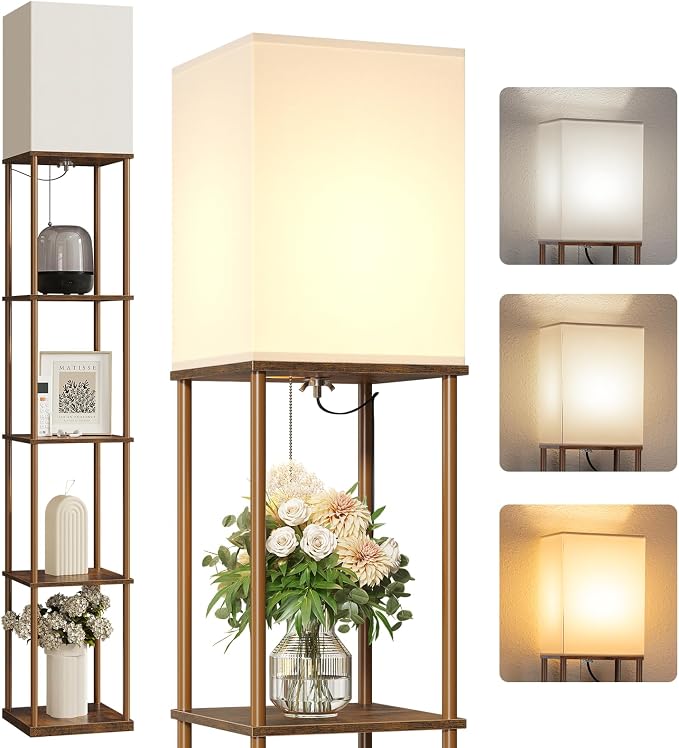 SUNMORY 5 Tier Floor Lamp with Shelves, Modern Square Standing Lamp with 3 Color Temperature Bulb, Corner Display Bookshelf Lamp for Living Room and Bedroom, Tall Shelf Floor Lamp Brown