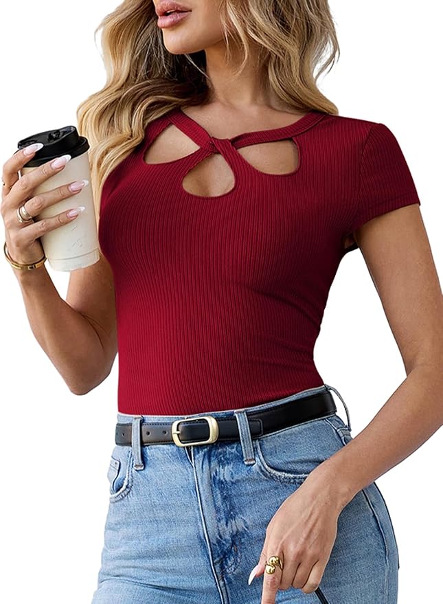 Pink Queen Sexy Tops for Women Cutout Keyhole Neck Cap Sleeve Shirts Casual Summer Clothes 2026 Fashion