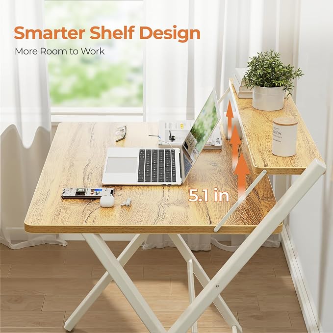 GreenForest Folding Desk No Assembly, Sturdy Computer Desk for Small Spaces | Portable Foldable Table for Laptop, 2-Tier Compact with Shelf, Space Saving for Home Office, Dorm, Apartment, 27.3"x 22" Oak