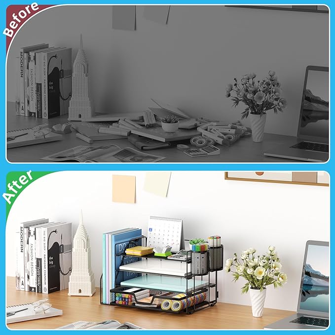 Marbrasse Desk Organizer and Accessories，4-Tier Paper Letter Tray Organizer with File Holder, Desk Accessories & Workspace Organizers with Drawer and 2 Pen Holder (Black, 15.4" x 9.1" x 8.3")