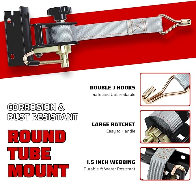Rack Straps with J-Hook (2PK),1.5" x7.5' Ladder Rack Ratchet Straps, 2" Round Tube Mount, Perfect Ladder Rack Tie-Downs for Trailer Cargo Control